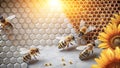 Bees working on a honeycomb with sunflowers in the background Royalty Free Stock Photo