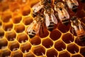 bees working on wax hexagon cells inside a beehive