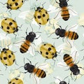 Bees and yellow beetle with black spots watercolor seamless pattern