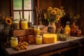 beeswax and honey products displayed on rustic table