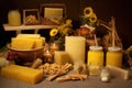 beeswax and honey products displayed together