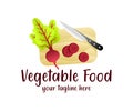 Beet on a cutting board with a knife, illustration and logo design. Cuisine, vegetarian and vegetables food, vector