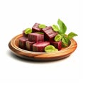Photorealistic Beet Dish With Small Green Okra On Wooden Plate
