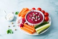 Beet hummus appetizer with carrot, radish, tomato and cucumber