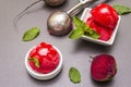 Beet ice cream, sorbet, gelato, sweet icing. Summer healthy refreshment dessert