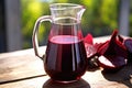 beet juice in a jug with sunlight illuminating through