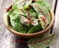 Beet leaves in a wooden plate