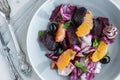 Beet, orange, radicchio, olives salad. Close-up Royalty Free Stock Photo