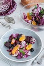 Beet, orange, radicchio, olives salad. Selective focus Royalty Free Stock Photo