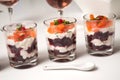 Beet and salmon appetizers in little glasses on white background