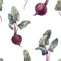 Beet seamless pattern with leaves and beetroot. Hand painted with watercolors.