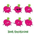 Beet smiles. Cute cartoon emoticons. Emoji icons