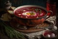 Beet soup borsch in ceramic plate. Borscht.