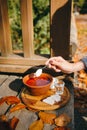 Beet soup called borsch, borscht, borche or borshtch. Traditional Ukrainian cusine, soup, sour cream and sliced lard with a shot Royalty Free Stock Photo