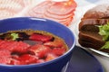 Beet soup with meat and bread closeup Royalty Free Stock Photo