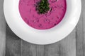 Beet-vegetable soup with greens on a white plate black and white background close-up Royalty Free Stock Photo