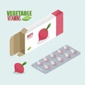 Beet vitamins. Vegetarian pills. Tablets in pack. Natural products for health inform of fresh beets. Medicament vegetable.