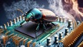 Beetle attacks and destroys electronics. Concept of computer virus and malicious software code