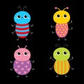 Beetle bug set. Insect animal. Cute cartoon kawaii smiling baby character. Blue red color. Education cards for kids. Black Royalty Free Stock Photo