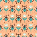 Beetle and flower pattern seamless. Insects and flowers background. Baby fabric texture