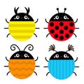 Beetle lady bug set. Insect animal collection. Ladybug, ladybird. Cute cartoon kawaii smiling baby character. Funny horns. Royalty Free Stock Photo