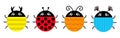 Beetle lady bug set line. Insect animal collection. Ladybug, ladybird. Funny horns. Cute cartoon kawaii smiling baby character.