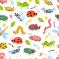 Beetle pattern. Isolated bugs, ladybug dragonfly, baby textile design. Cute wild insects background. Floral forest