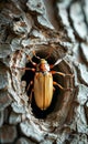 a beetle is sitting in a hollow of a tree Royalty Free Stock Photo