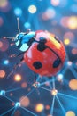 A beetle is walking along a glowing thread in a web of sparkling lights Royalty Free Stock Photo