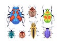 Beetles and bugs set. Summer insects with colorful wings, antennae, top view. Nature, fiction fancy multicolored fauna Royalty Free Stock Photo