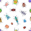 Beetles, seamless pattern design. Insects repeating print. Summer bugs, endless background for fabric, textile, wrapping. Nature, Royalty Free Stock Photo