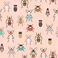 Beetles seamless pattern. Retro style bugs. Vector illustration Royalty Free Stock Photo