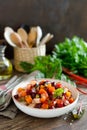 Beetroot or beet salad with boiled vegetables on wooden rustic table Royalty Free Stock Photo