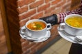 Beetroot and cabbage soup, borshch. Waiter serving dinner at restaurant or diner, eating out concept Royalty Free Stock Photo