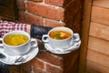 Beetroot and cabbage soup, borshch. Waiter serving dinner at restaurant or diner, eating out concept Royalty Free Stock Photo