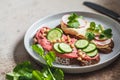 Beetroot and classic hummus toasts. Vegan food concept Royalty Free Stock Photo