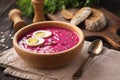 Beetroot cold soup with yogurt and eggs. Royalty Free Stock Photo