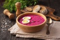 Beetroot cold soup with yogurt and eggs. Royalty Free Stock Photo