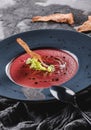 Beetroot cream soup with celery and croutons in plate on dark grey background with spoon and napkin. Healthy vegan food Royalty Free Stock Photo