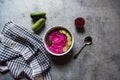 Beetroot dip and cucumber slices in a bowl Royalty Free Stock Photo