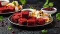 Beetroot and hazelnut bites with pomegranate glaze, vegetarian, vegan party finger food Royalty Free Stock Photo