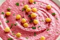 Beetroot Hummus with chickpea, olive oil, lemon and pita bread Royalty Free Stock Photo