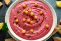 Beetroot Hummus with chickpea, olive oil, lemon and pita bread Royalty Free Stock Photo