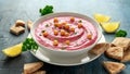 Beetroot Hummus with chickpea, olive oil, lemon and pita bread Royalty Free Stock Photo