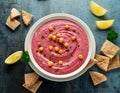 Beetroot Hummus with chickpea, olive oil, lemon and pita bread Royalty Free Stock Photo