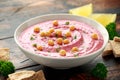 Beetroot Hummus with chickpea, olive oil, lemon and pita bread Royalty Free Stock Photo