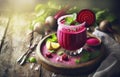 Beetroot juice in a glass and fresh organics beetroot with lemon and mint leaves on rustic wooden table Royalty Free Stock Photo