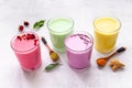 Beetroot matcha and turmeric latte coffee or tea. Healthy antioxydant drinks