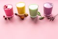 Beetroot matcha and turmeric latte coffee or tea. Healthy antioxydant drinks