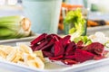 Beetroot and other vegetables cut into small pieces as a raw vegetable platter Royalty Free Stock Photo